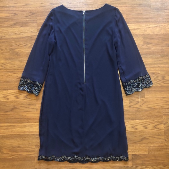 Calvin Klein Sheer Beaded Cocktail Dress (Navy) - Picture 3 of 4